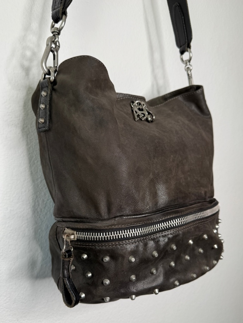 A.S.98 Studded Leather Bucket Bag Gray Brown Distressed Zipper Compartment - Picture 2 of 15